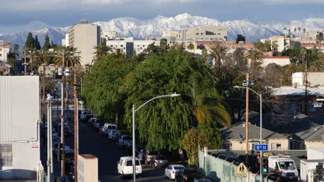 Snowcapped-San-Gabriel-Mountains-from-MacArthur-Park,-Los-Angeles-after-Historic-Snow-Storm-of-February-2023