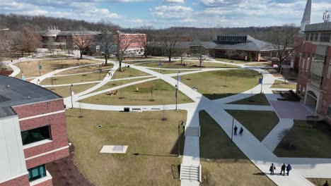 Aerial-tilt-up-reveal-of-walkable-college-campus-in-America
