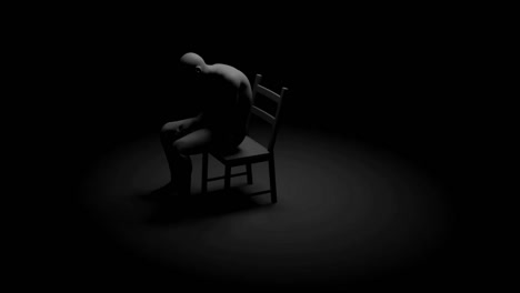 Animation-of-a-depressed-person-sitting-on-a-chair,-rotating-view-on-black-background,-mental-difficulty-concept