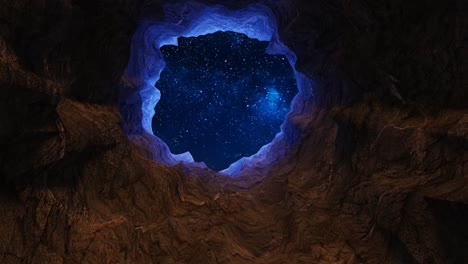 Starry-sky-as-seen-through-a-hole-in-a-cave-ceiling-during-the-night,-3d-render-animation-of-a-cave-interior