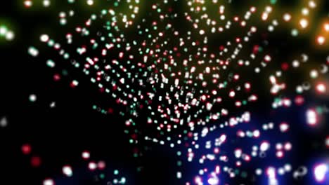 Abstract-animation-of-multicolored-light-particles-moving-on-a-black-background-in-random-way,-techno-concept