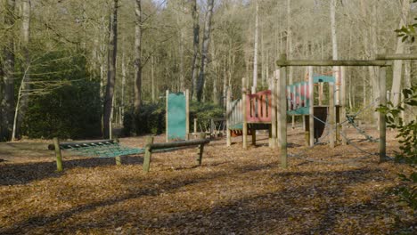 Panning-across-autumn-Norfolk-heritage-park-woodland-climbing-playground-equipment-with-fallen-leaves