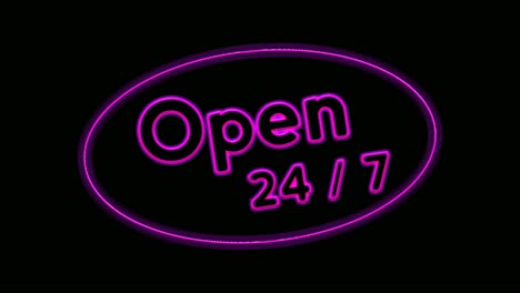 Animation-purple-neon-light-text-OPEN-24-hours-in-ellipse-border-on-black-background-for-shop,retail,-resort,bar-display-promotion-business-concept