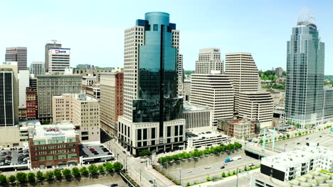Drone-view-of-downtown-Cincinnati,-Ohio