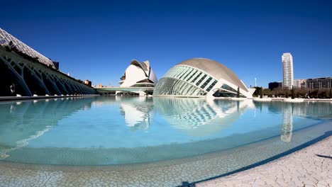 Wide-angle-view-of-the-City-of-Arts-and-Sciences-on-a-sunny-day-in-Valencia,-Spain