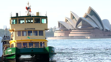 A-Sydney-ferry-prepares-to-leave-wharf-in-Sydney-Harbour-Australia