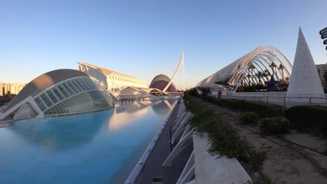 Sunset-time-lapse-view-of-the-City-of-Arts-and-Sciences,-designed-by-Spanish-architect-Santiago-Calatrava---Valencia,-Spain