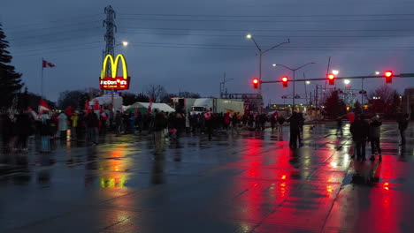 Protesters-blocked-street-against-restrictions,-supporters-of-Freedom-convoy-in-Windsor,-hyperlapse
