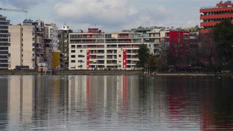 Park-lake-reflecting-colorful-high-building-of-Tirana-capital-city-on-a-Sunday-quiet-day