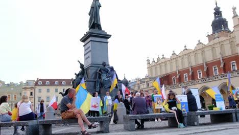 Adult-and-child-Ukrainian-and-Polish-supporters-protest,-Russian-war-in-Ukraine,-raising-awareness