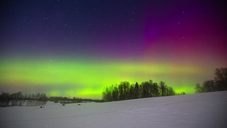 Green-and-purple-norther-lights-glowing-above-the-winter-landscape---aurora-borealis-time-lapse