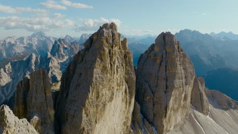 Aerial-drone-shot-of-the-Tre-Cime-di-Lavaredo-in-the-Dolomites-Alps-in-Italy,-4k