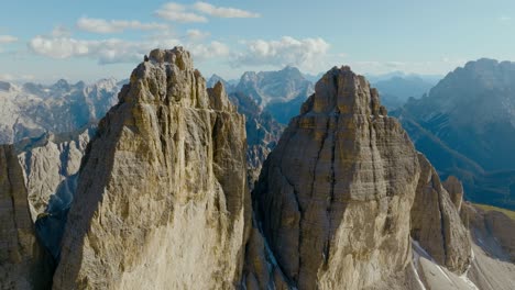 Aerial-drone-shot-of-the-Tre-Cime-di-Lavaredo-in-the-Dolomites-Alps-in-Italy,-4k