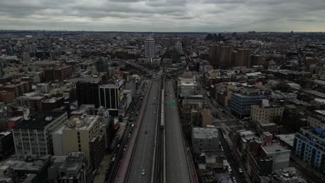 A-high-angle,-aerial-view-of-Williamsburg,-Brooklyn-on-a-cloudy-day