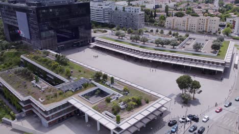 Aerial-Tilt-Revealing-Montpellier's-New-City-Hall-in-Port-Marianne