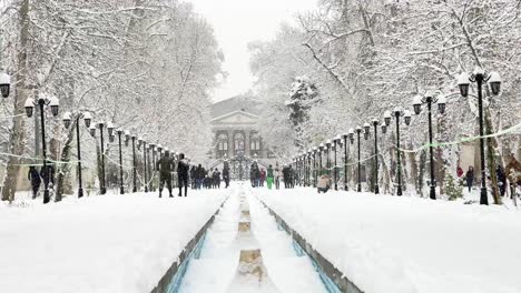 Persian-garden-snowfall-freezing-snow-in-Tehran-and-people-family-friends-play-in-the-Persian-garden-palace-in-city-center-in-winter-stone-marble-house-historical-building-city-light-trees-fountains