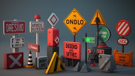 Colorful-Road-Symbol-Signs-and-Panels,-Traffic-Symbols-For-Roadway-Use,-Miniature-Toys-Studio-Shot