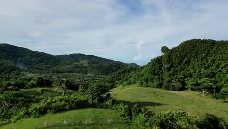 Stunning-Aerial-View-of-open,-grassy-fields-with-hills,-palm-trees-and-lush-foliage-in-Bato,-Catanduanes