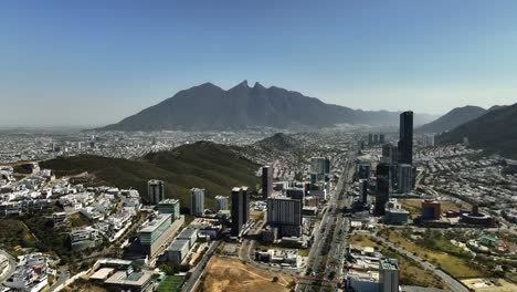 Aerial-overview-of-the-city-center-of-sunny-San-Pedro-Garza-Garcia,-Monterrey,-Mexico