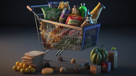 Lebenshaltungskostentext-3D-realistische-Illustration,-Lebensmitteleinkaufswagen-Voller-Artikel-Und-Lebensmittel,-Konsumkonzept