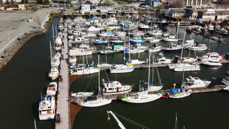 Fishing-Boats-Dock-At-Fishermen's-Harbour-In-Port-Alberni,-Vancouver-Island,-BC,-Canada