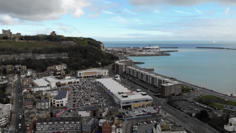 Drone-shot-of-Dover-port-and-castle,-Dover,-Kent,-UK