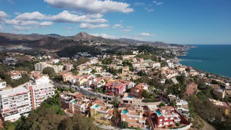Stadtbild-Fuengirola-Drohnenansicht-Mit-Blauem-Sommerhimmel,-Gebäuden-Und-Meeresküstenhintergrund