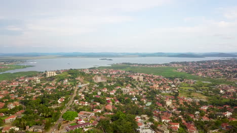 Aerial-view-of-Port-Bell,-Lake-Victoria-from-the-Tank-Hill-of-Kampala,-Uganda,-Africa