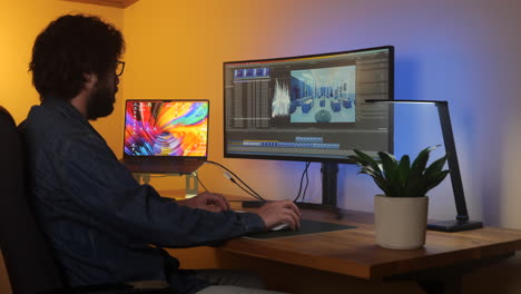Filmmaker-editor-busy-working-on-media-project-at-cosy-studio-desk-at-home