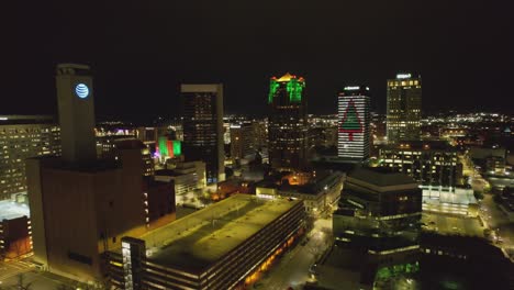 Aerial-of-Region's-Christmas-display-at-night-in-downtown-Birmingham,-Alabama