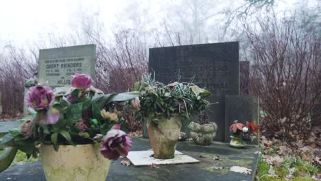 Verwelkte-Blumen-Auf-Einem-Friedhof,-Langsam-Trocknend,-Tagsüber-Eingefangen,-Ausdruck-Der-Trauer-über-Den-Tod-Eines-Menschen-Und-Konzept-Des-Zeitablaufs