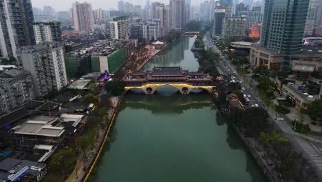 Establishing-Aerial-of-River-and-Downtown-City-of-Chengdu,-China