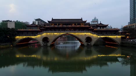 Anshun-Bridge,-Establishing-Aerial-in-Downtown-Chengdu,-China---Aerial