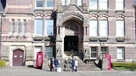 Public-meeting-at-St-Helens-town-hall-town-square-entrance-steps-street-scene-in-Northwest-UK