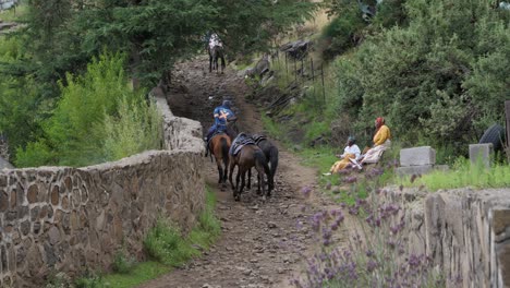 Man-pulls-horses-past-African-women-resting-beside-dirt-road,-Lesotho