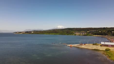 Aerial-shot-of-lake-and-volcano-Villarica