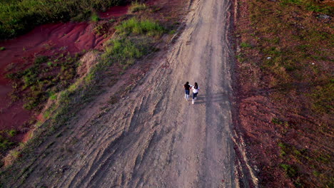 Aerial-tracking-shot-of-a-couple-of-friends-walking-down-a-dirt-track-in-San-Martin