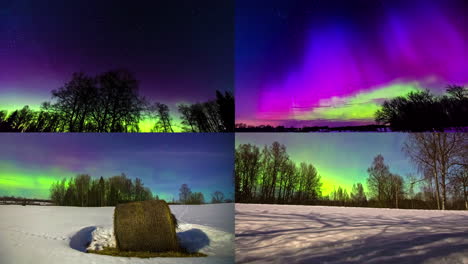 Vier-Winternachtzeitraffer-Mit-Geteiltem-Bildschirm,-Die-Die-Aurora-Borealis-Oder-Nordlichter-Zeigen