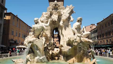 Famous-Fountain-of-the-Four-Rivers-by-Gian-Lorenzo-Bernini,-Piazza-Navona,-Rome,-Italy