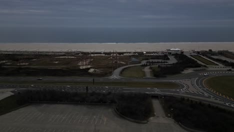 An-aerial-view-of-the-iconic-water-tower-at-Jones-Beach-on-a-cloudy-evening