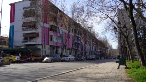 Multicolored-buildings-in-Tirana,-the-architecture-of-communist-countries-and-buildings-with-the-same-facades-painted-in-different-colors