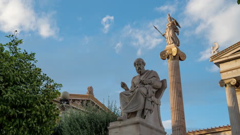 Statues-of-Plato-and-Athena-time-lapse-in-Academy-of-Athens-during-sunset