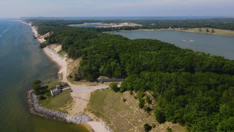 The-newly-formed-Dune-Harbor-Park-near-Muskegon,-MI-from-the-air-above-Lake-Michigan