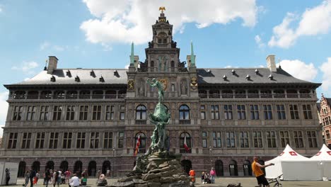 Renovated-City-Hall-with-People-at-the-Main-Square-in-Antwerp,-Belgium-on-a-Beautiful-Summer-Day---Time-Lapse