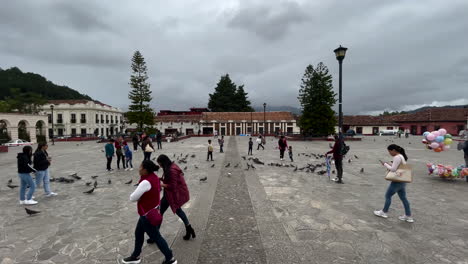 Shot-of-pigeons-and-people-walking-at-San-cristobal-de-las-casas-chiapas-main-plaza