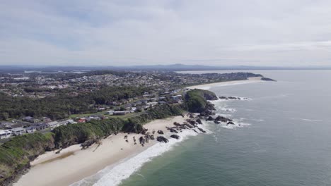 Panoramic-View-Over-Burgess-Beach-In-Forster,-NSW,-Australia---aerial-drone-shot