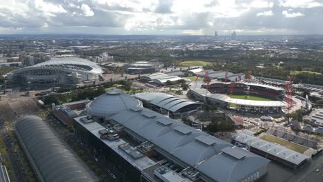 Aerial-view-of-Sydney-Olympic-Park-features-Accor-Stadium,-Qudos-Bank-Arena-and-Giants-Stadium-Sydney-Showground