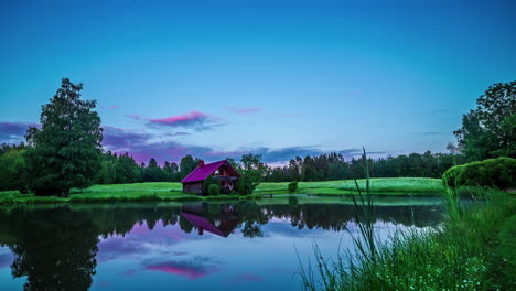 Purple-rooftop-of-lakeside-cabin-home,-fusion-time-lapse
