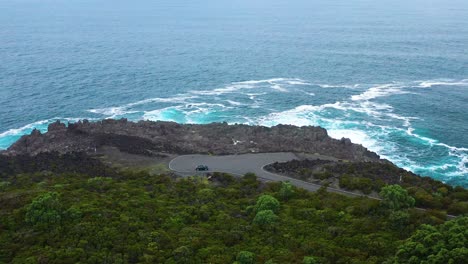 Car-Isolated-Near-Water-Edge-Cliffs-Of-Ponta-do-Queimado-Headland-In-Azores,-Terceira-Island-Portugal