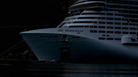 MSC-Meraviglia-vessel-moored-in-Flam-harbor,-fusion-time-lapse
